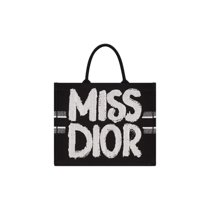 DIOR BookTote Cotton Tote Bag Shopping Bag Handbag Large Size Women's Black White-0