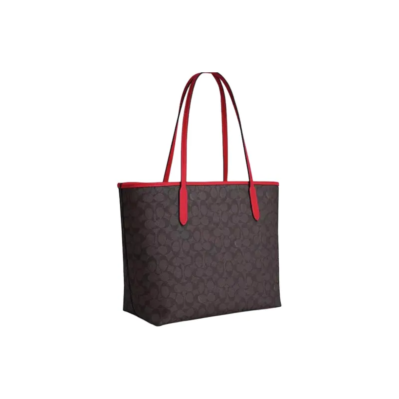 COACH City Coated Canvas Tote Bag, Shopping Bag, Handbag Tubas Women's Red & Coffee-1