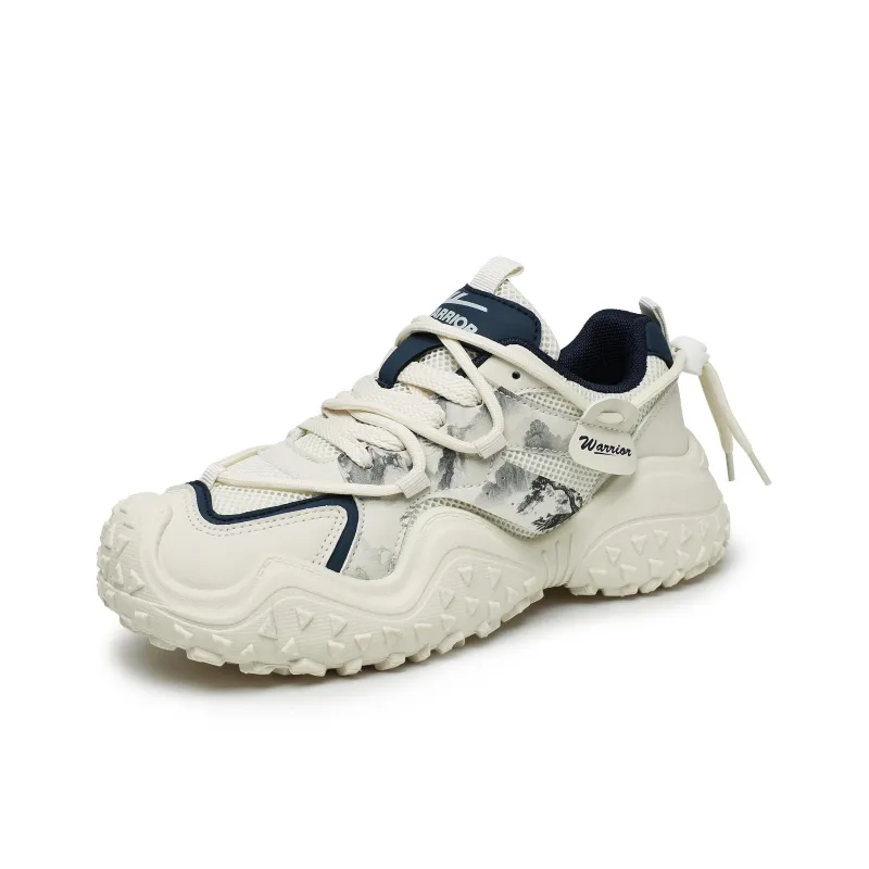 Warrior Abrasion Resistant, Breathable, Lightweight Low Top Chunky Sneakers Unisex Beige Dark Blue-2