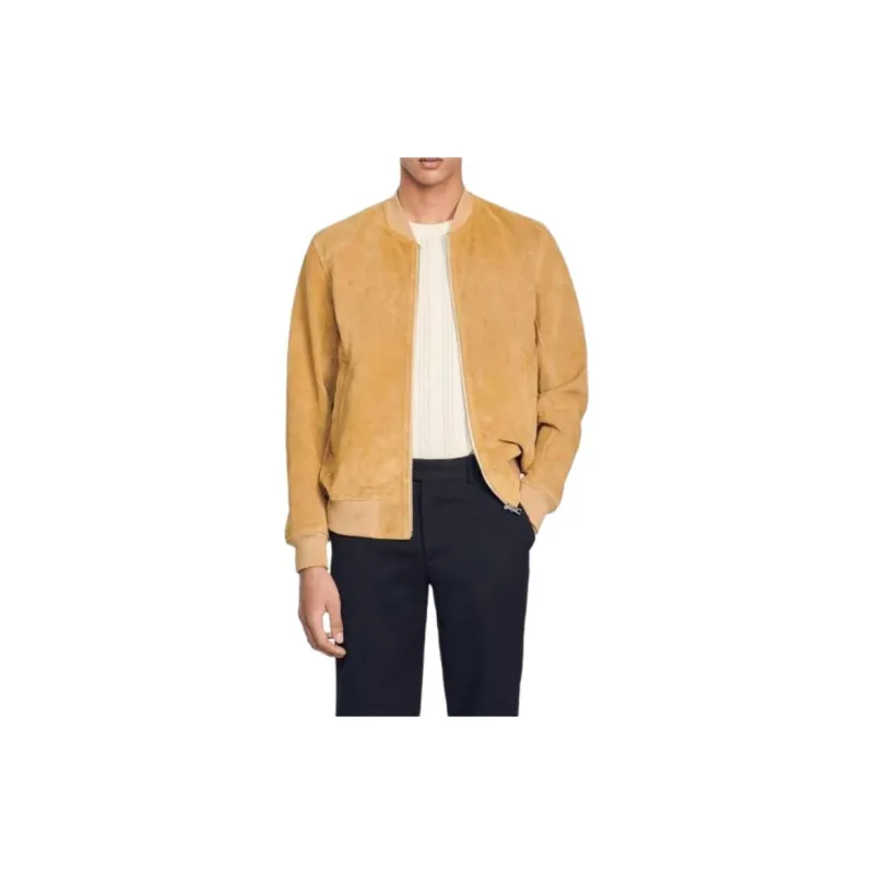 Sandro Suede Leather Jacket Jackets Coats Men's Light Brown-4
