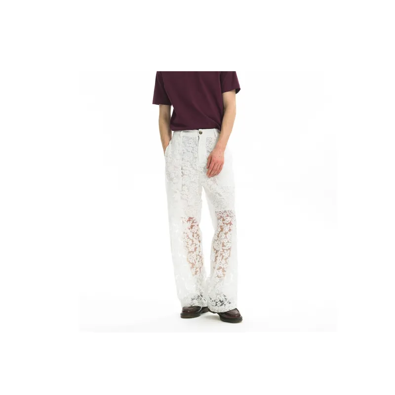 UNVESNO Casual Pants Unisex Lace White-2