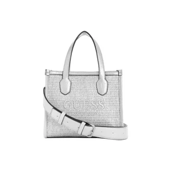 GUESS Raffia Tote Bag Shopping Bag Handbag Mini Women's Silver
