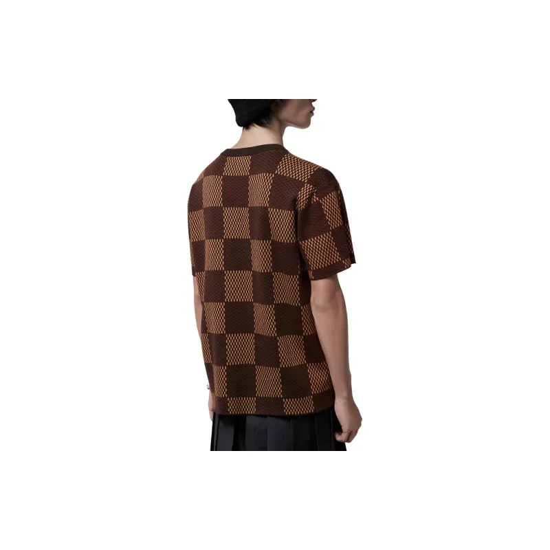LOUIS VUITTON Short Sleeved Cotton Damier Crewneck With Crystal Lv Patch-4