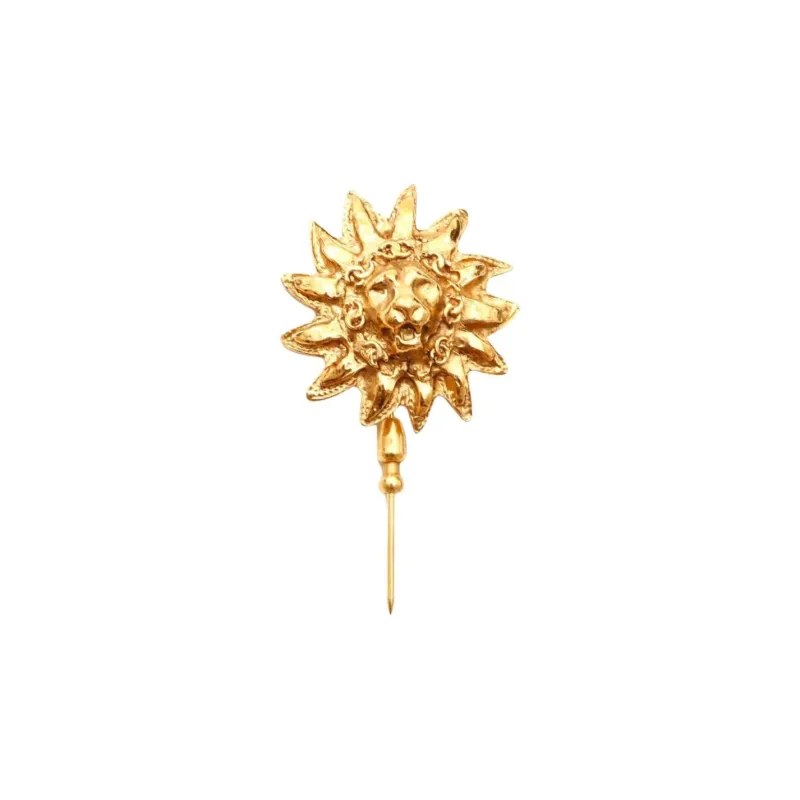 CHANEL 1970 1980 Plated Lion Head Pin Brooch Costume Brooch-0