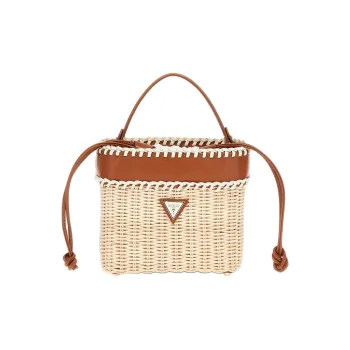 GUESS Straw Woven With Artificial Leather Bucket Bags Handbags Women's Beige & Brown
