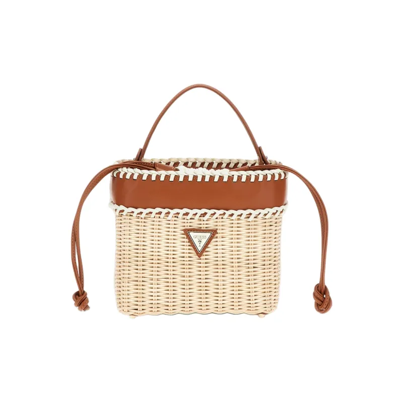 GUESS Straw Woven With Artificial Leather Bucket Bags Handbags Women's Beige & Brown-0