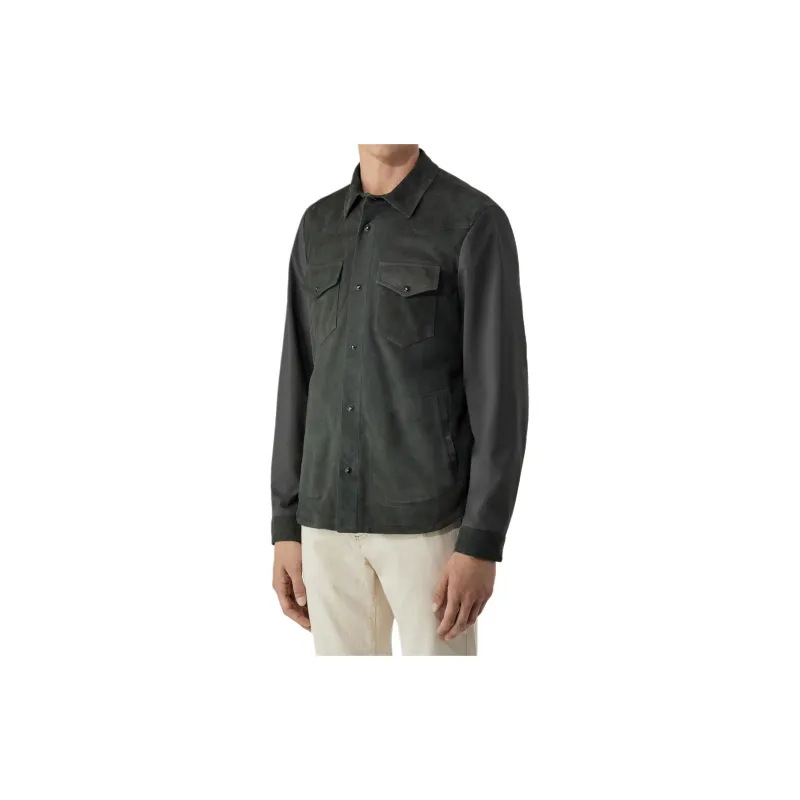 CANALI SS24 Leather Jacket Men's Gray Green-2