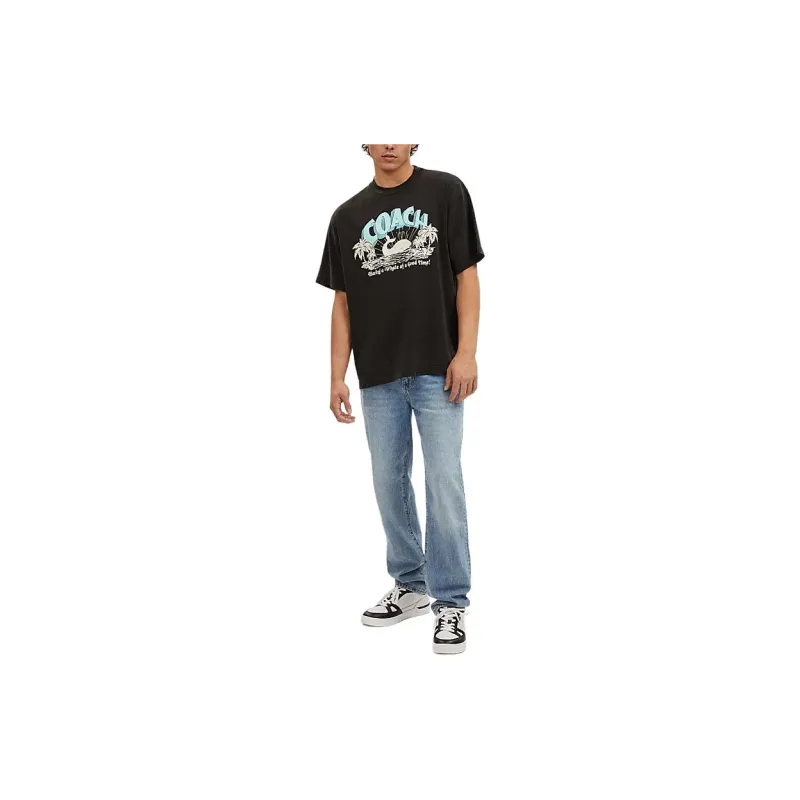 COACH Letter Print Crew Neck Short-Sleeved T-Shirt T-Shirt Men's Black-3