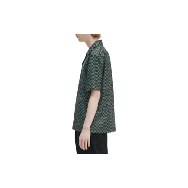 FRED PERRY Glitch Chequerboard Revere Collar Shirt Men's Green-3