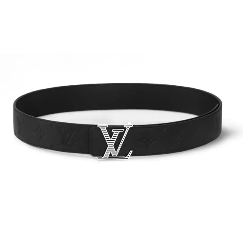 LOUIS VUITTON Smooth Leather Pail Metal Enamel Leather Belts Men's Black Width: 4CM-0
