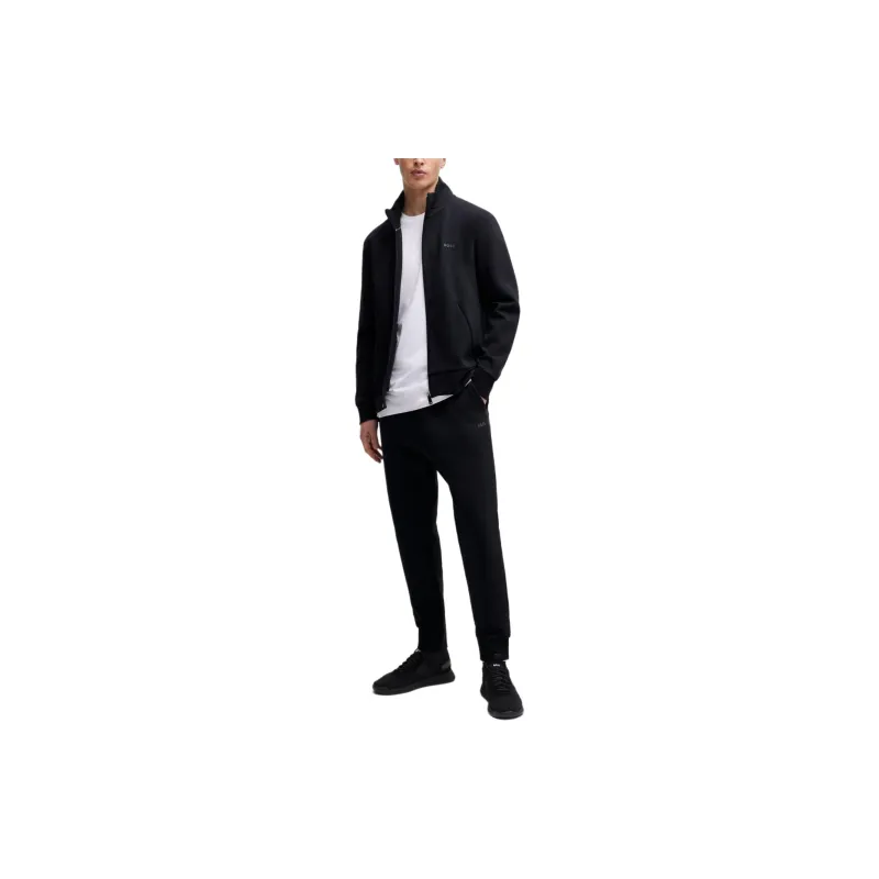 HUGO BOSS Stretch Cotton Zip Up Sweatshirt With Logo Print Jackets Coats Men's Black-1