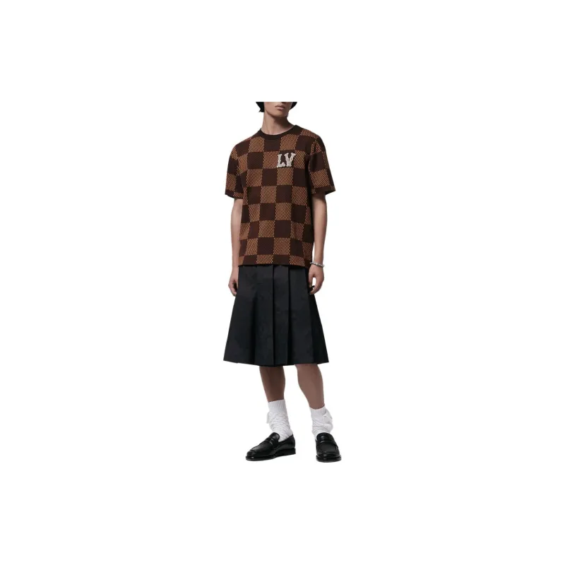 LOUIS VUITTON Short Sleeved Cotton Damier Crewneck With Crystal Lv Patch-2