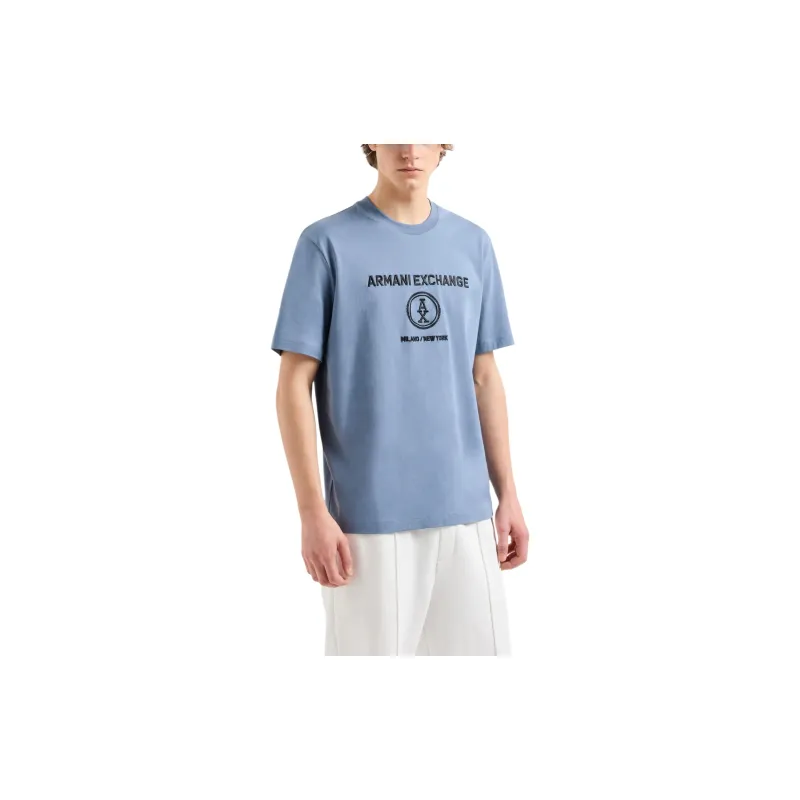 ARMANI EXCHANGEAE Letter Logo Embroidered Crew Neck Short Sleeved T Shirt T Shirt Men's Haze Blue-1