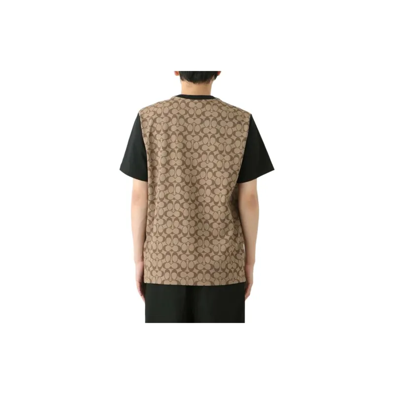 COACH SS22 Men Logo Full Print Patchwork Short Sleeve T shirt Khaki-2