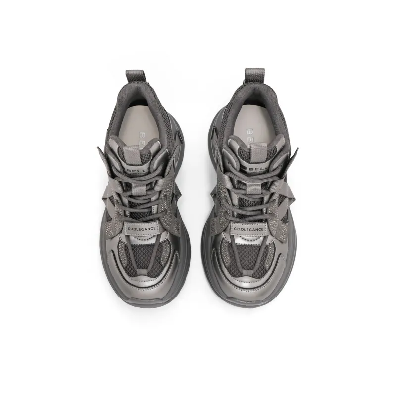 BELLE Height Increasing Wear-Resistant Slip-Resistant Mid-Top Chunky Sneakers Women's Gray Black-2