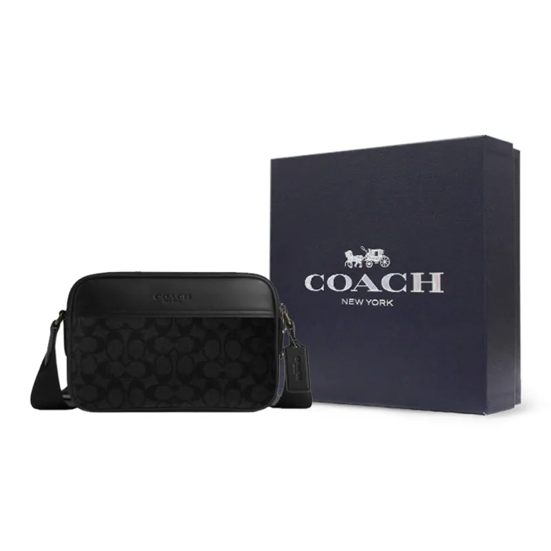 COACH Graham Artificial Leather Cow Leather Patchwork Shoulder Bag Crossbody Bag Medium Size Men's Black-8
