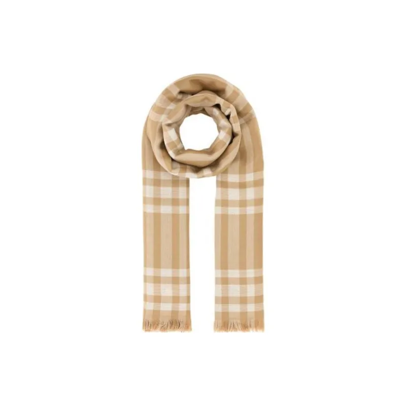 Burberry Logo Embroidered Check Pattern Frayed Edge Scarf-1
