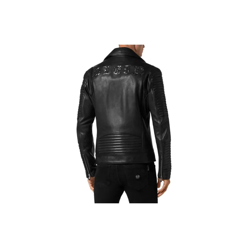 PHILIPP PLEIN Embossed-logo Padded Leather Biker Jacket-2