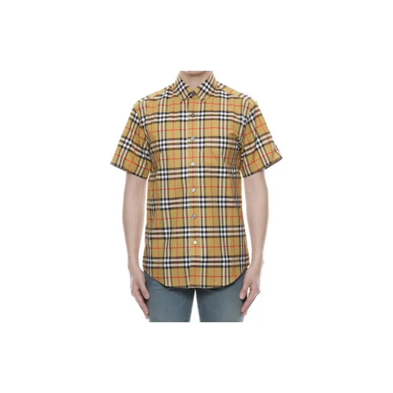 Burberry Men Plaid Patterns Short Sleeves Shirts Yellow-2