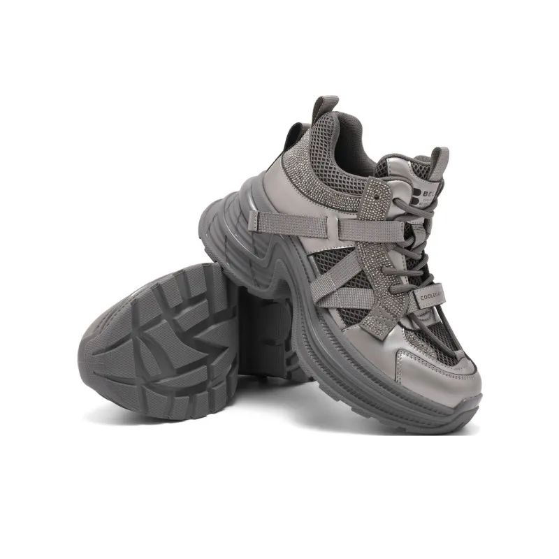 BELLE Height Increasing Wear-Resistant Slip-Resistant Mid-Top Chunky Sneakers Women's Gray Black-4