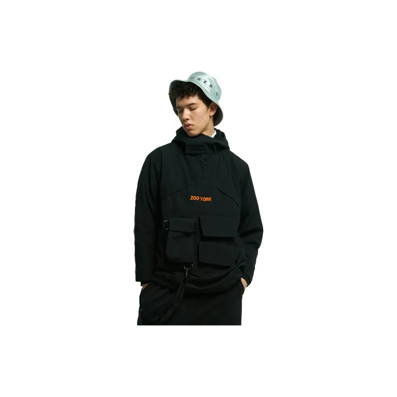 Zoo York Brand Logo Solid Color Stand Collar Loose Fit Puffer Jacket Unisex Black-3