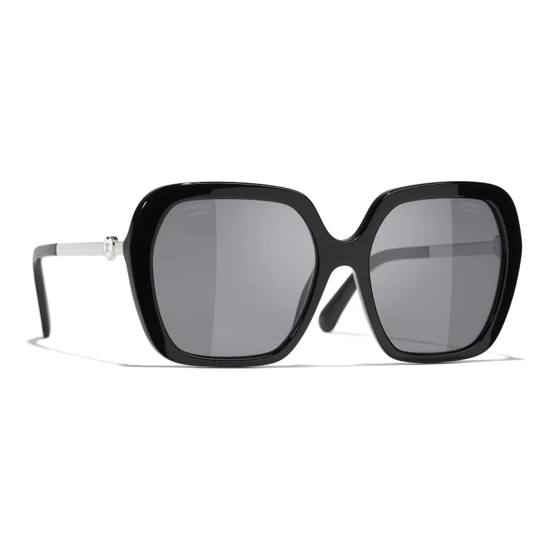 CHANEL Acetate Metal Acetate Square Sunglasses Unisex Black Silver-2