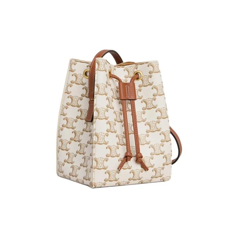 CELINE Canvas paneled Calfskin Trim Crossbody Bag, Shoulder Bag Mini Women's White & Tawny-1