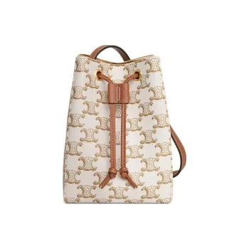 CELINE Canvas paneled Calfskin Trim Crossbody Bag, Shoulder Bag Mini Women's White & Tawny