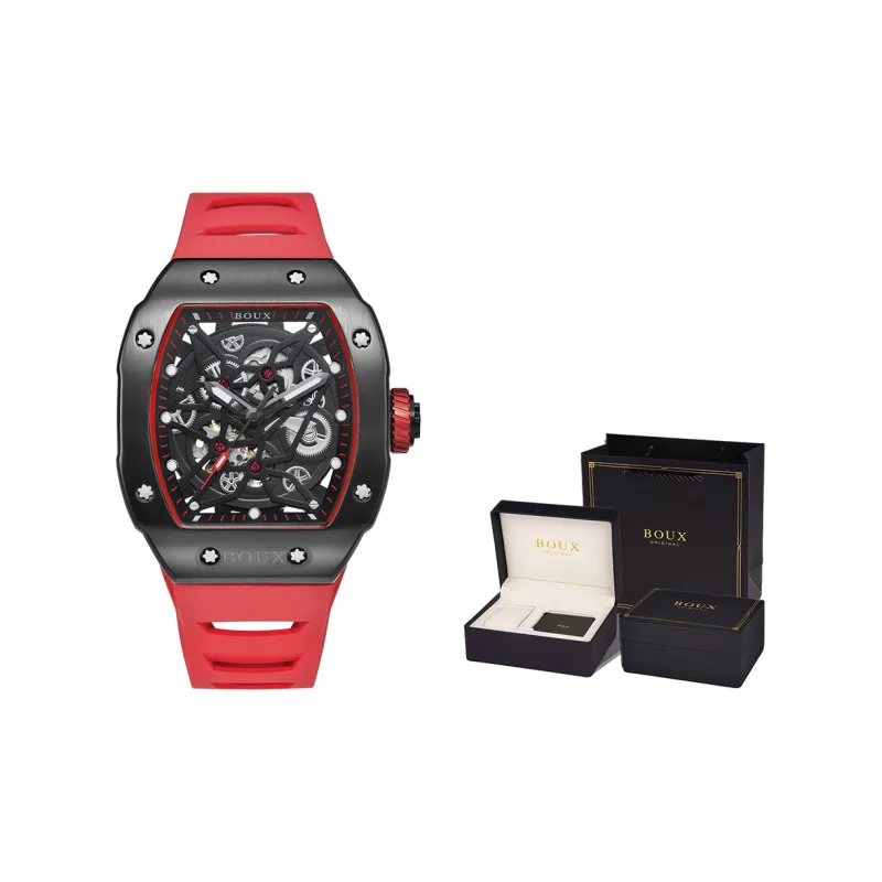 BOUX Steel Collection Steam Engine Automatic Mechanical Movement Silicone Strap Watch Men's Watches Red Watch Dial-1