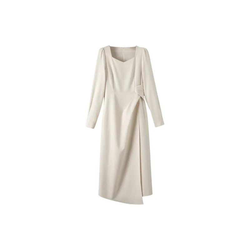 Late White Long Sleeved Dresses Women's Apricot-0