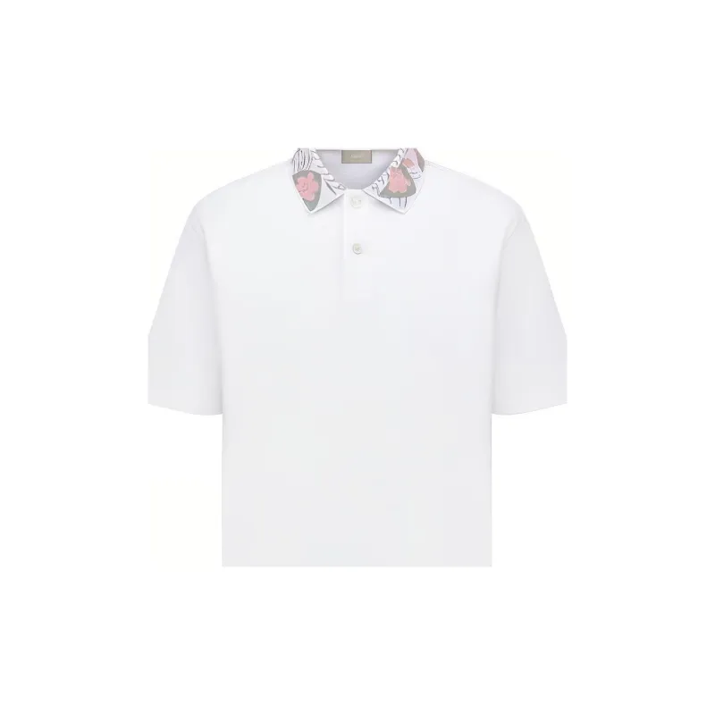 DIOR Men Pattern Print Short Sleeve Polo Shirt White-2