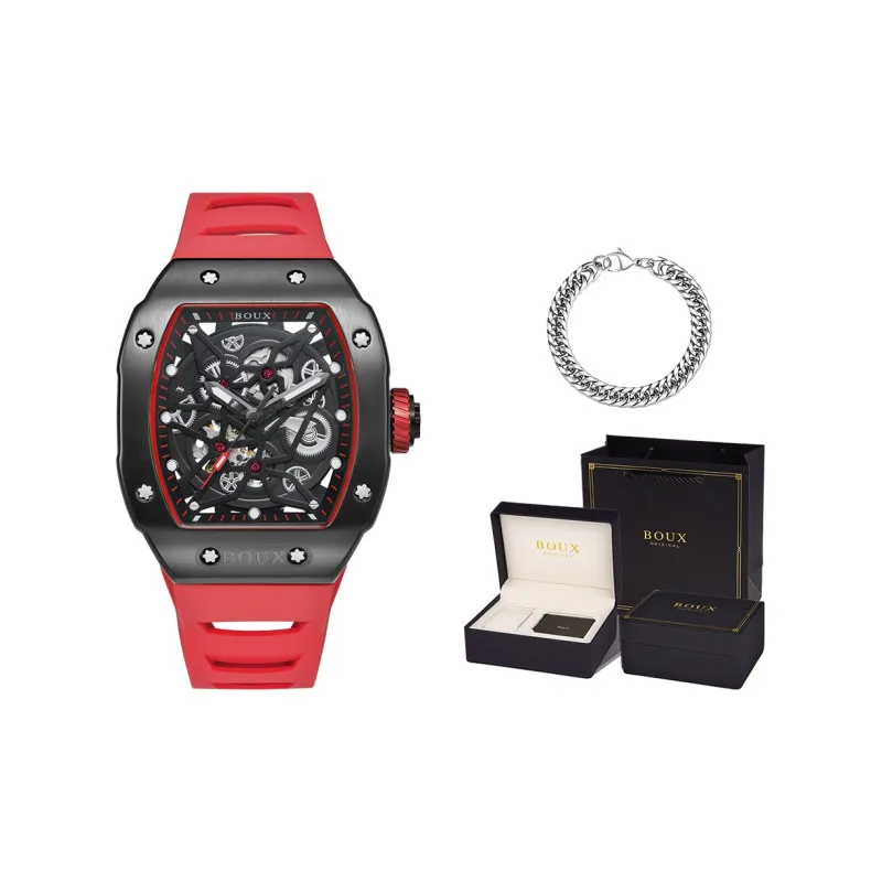 BOUX Steel Collection Steam Engine Automatic Mechanical Movement Silicone Strap Watch Men's Watches Red Watch Dial-4