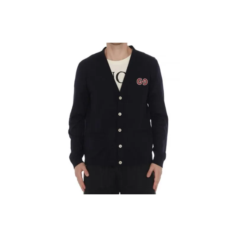 GUCCI GUCCI GG Embroidered Wool Cardigan Knitted Top Navy-5