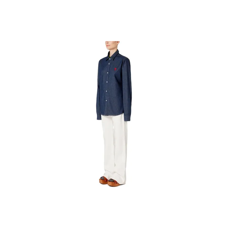 AMIPARIS Paris Logo Embroidered Snapped Denim Shirt-3