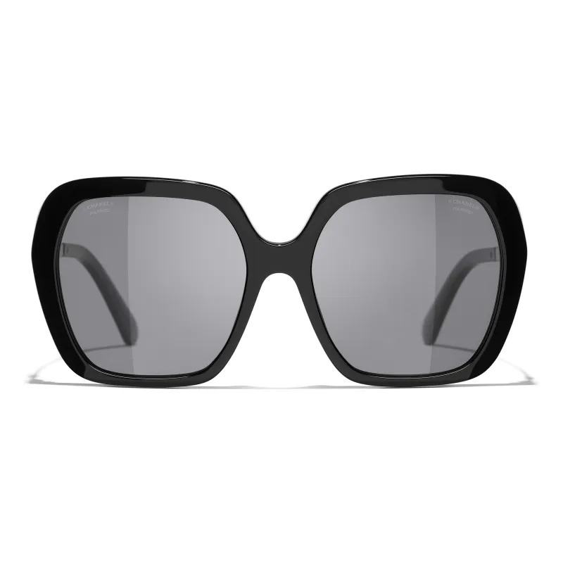 CHANEL Acetate Metal Acetate Square Sunglasses Unisex Black Silver-1