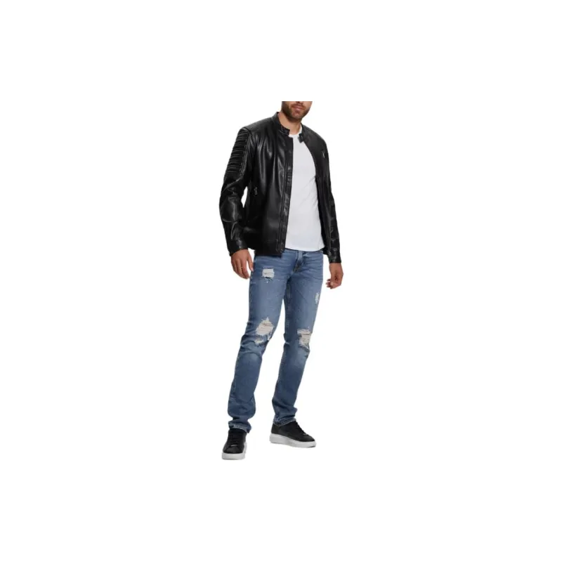 GUESS Faux Leather Biker Jacket Jackets Coats Men's Black-2