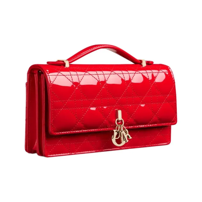 DIOR Patent Leather Patchwork Cow Leather Shoulder Bag Crossbody Bag Handbag Mini Women's Bright Red-2