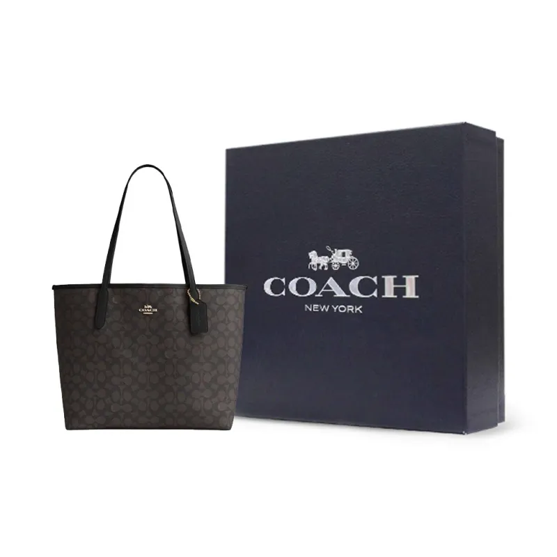 COACH City PVC With Leather Tote Bag, Shopping Bag, Shoulder Bag, Handbag Large Size Women's Black & Brown-6
