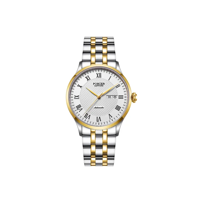 POSCER Mechanical Movement Stainless Steel Watchband Men's Watches White Dial-0
