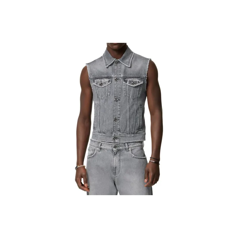VERSACE Logo Patch Frayed Denim Gilet-2