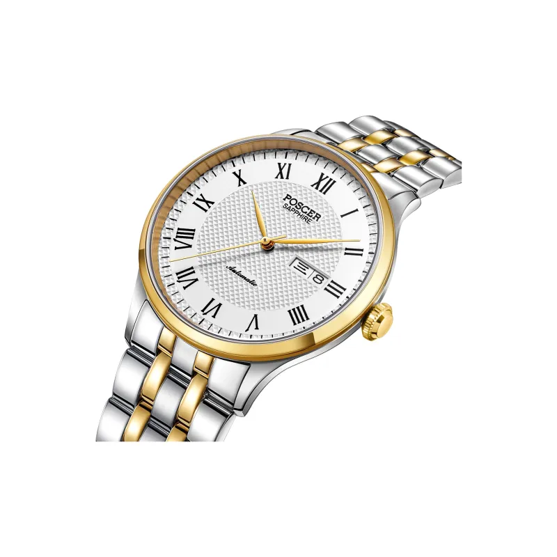 POSCER Mechanical Movement Stainless Steel Watchband Men's Watches White Dial-1