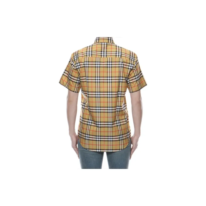 Burberry Men Plaid Patterns Short Sleeves Shirts Yellow-3