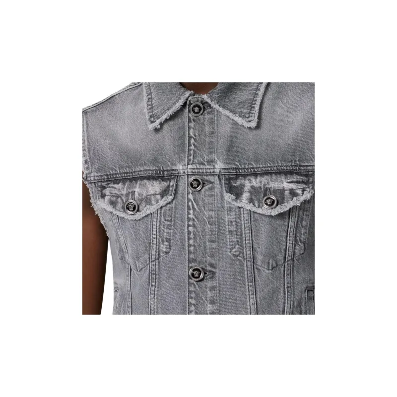 VERSACE Logo Patch Frayed Denim Gilet-4