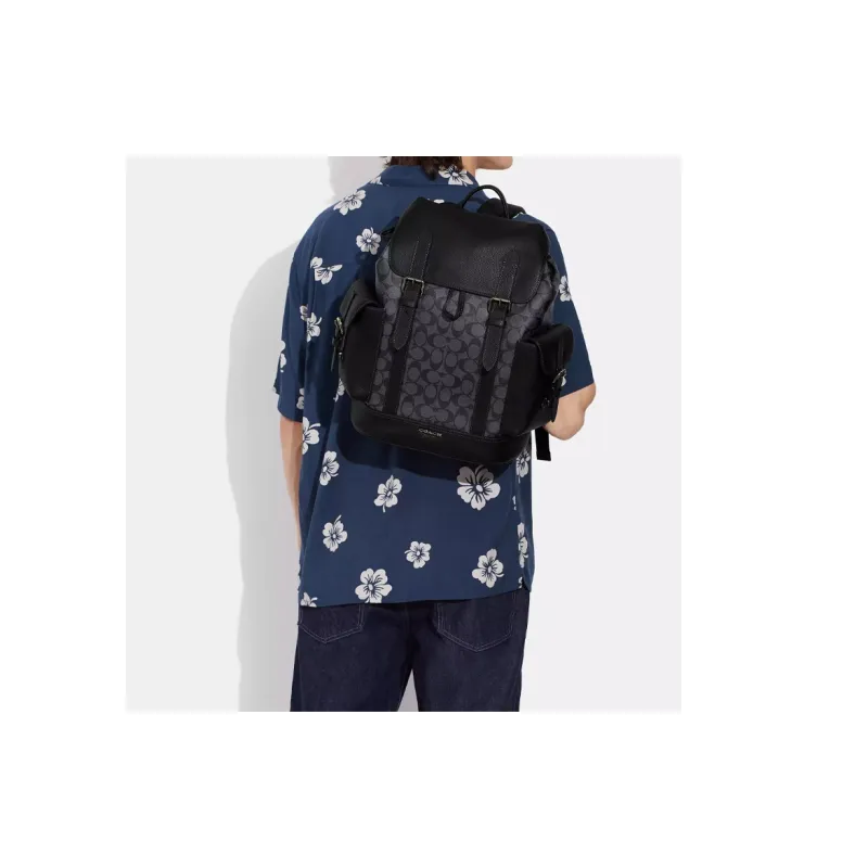 COACH Hudson Canvas With Leather Backpack Large Size Men's Charcoal Black & Black-4