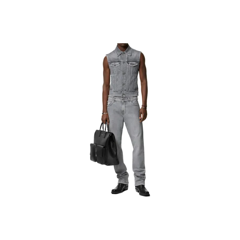 VERSACE Logo Patch Frayed Denim Gilet-1