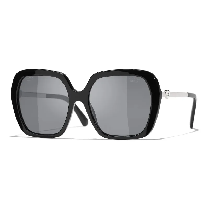 CHANEL Acetate Metal Acetate Square Sunglasses Unisex Black Silver-0