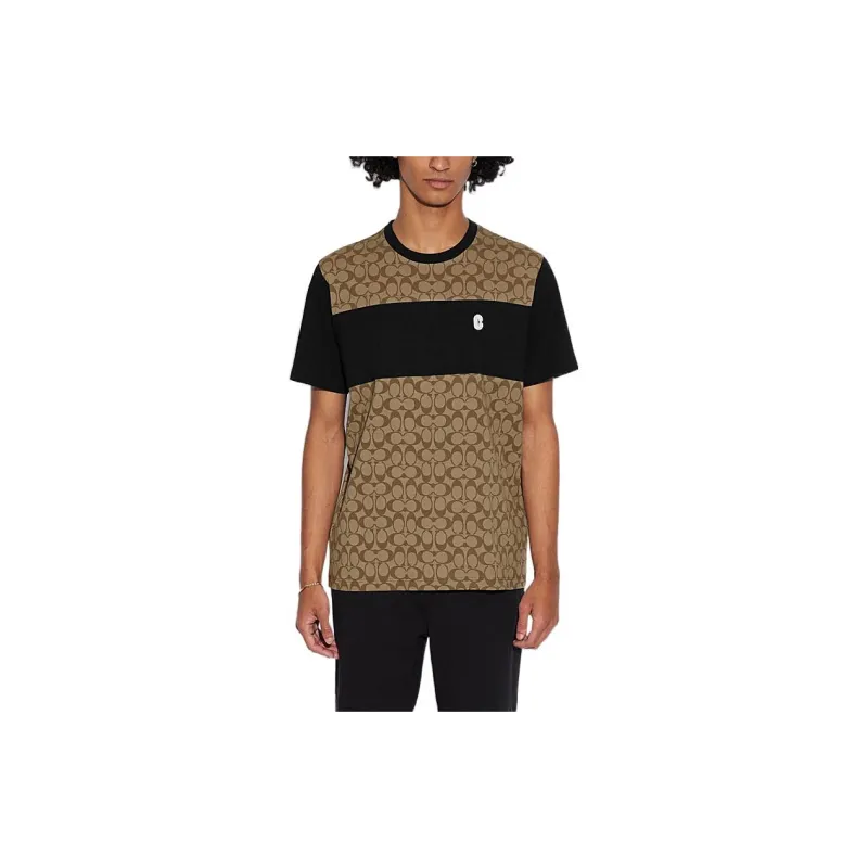COACH SS22 Men Logo Full Print Patchwork Short Sleeve T shirt Khaki-1