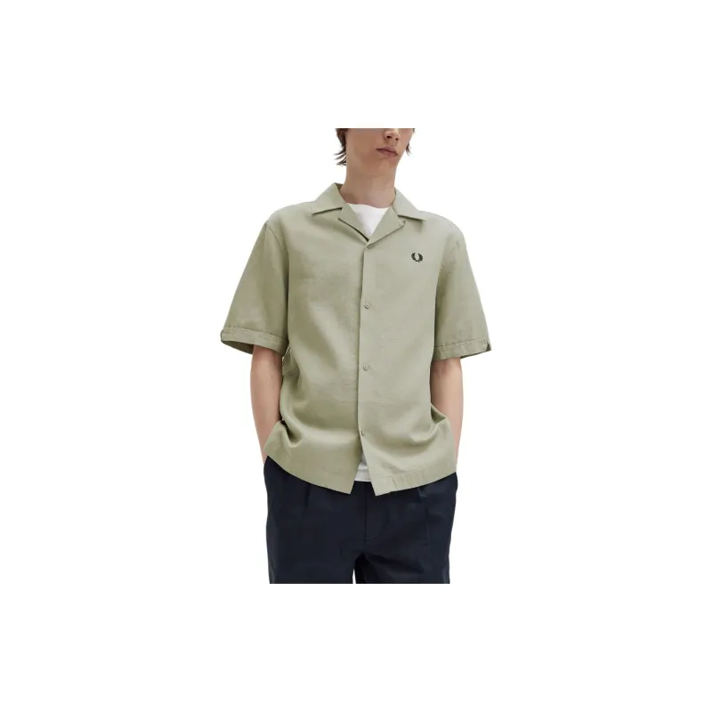 FRED PERRY Linen-Blend Revere Collar Shirt Shirt Men's Seagrass Color-4