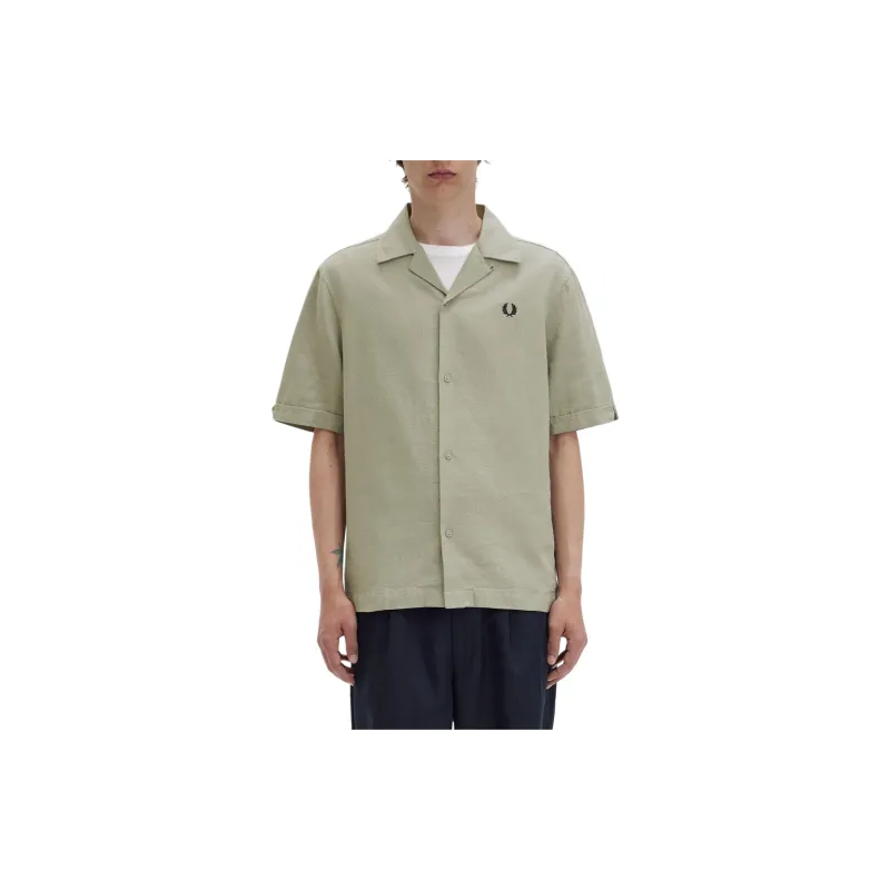 FRED PERRY Linen-Blend Revere Collar Shirt Shirt Men's Seagrass Color-2
