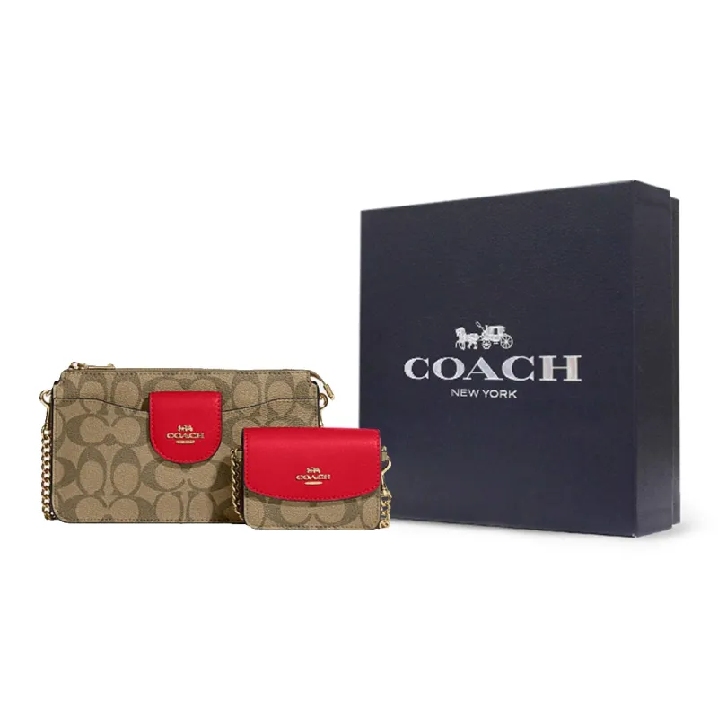 COACH POPPY Cow Leather Chain Bag Shoulder Bag Crossbody Bag Medium Size Women's Rose Red & Brown Monogram-8